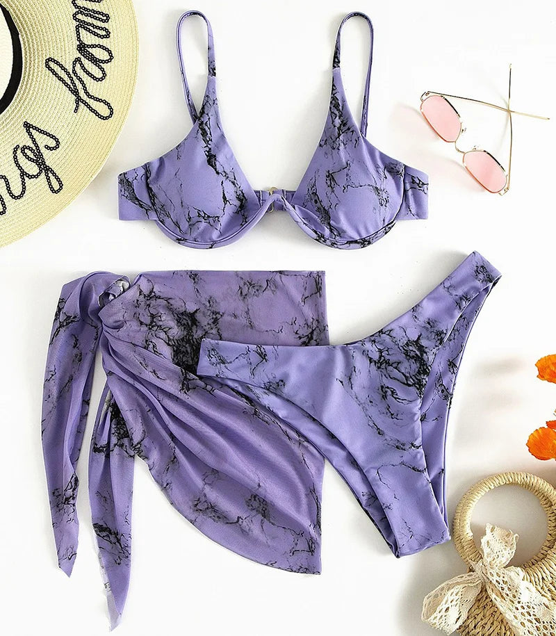 Mystic Monsoon Marble Print Bikini Three-piece