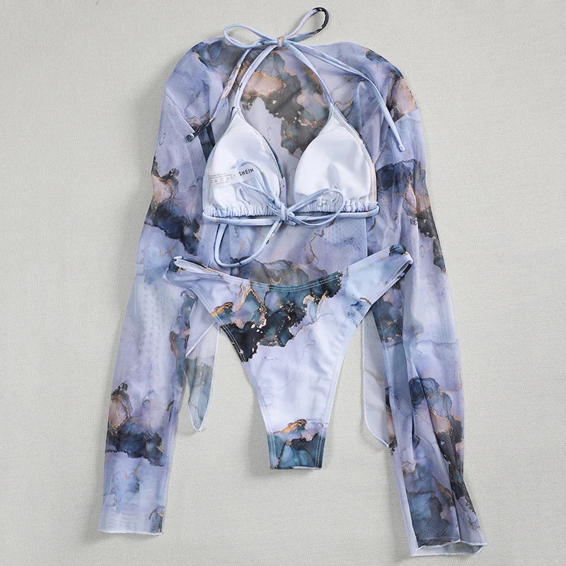 Mystic Monsoon Marble Print Bikini Three-piece