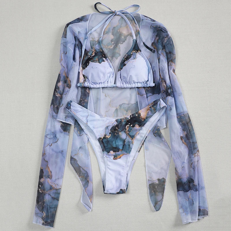 Mystic Monsoon Marble Print Bikini Three-piece