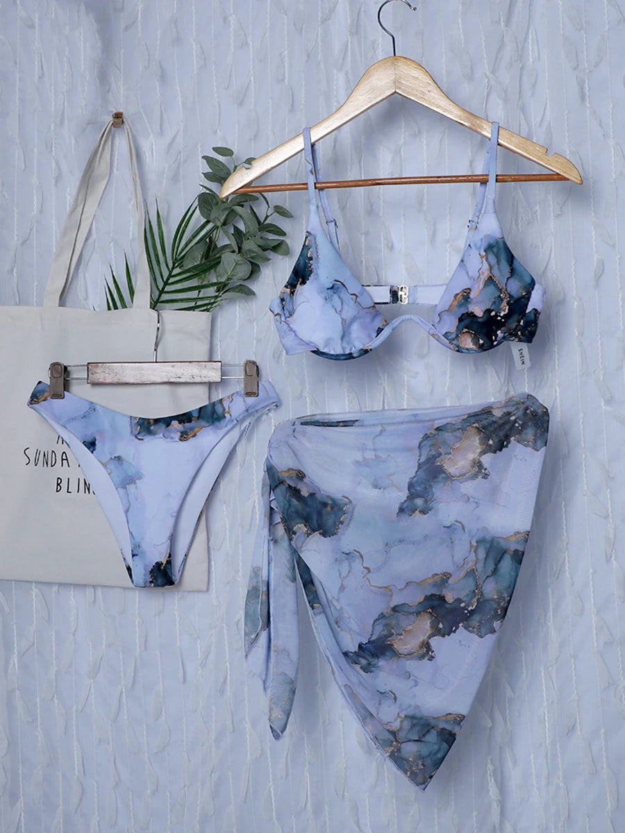 Mystic Monsoon Marble Print Bikini Three-piece