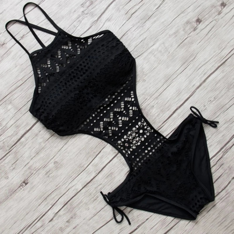 Coral Crochet One Piece Backless Bathing