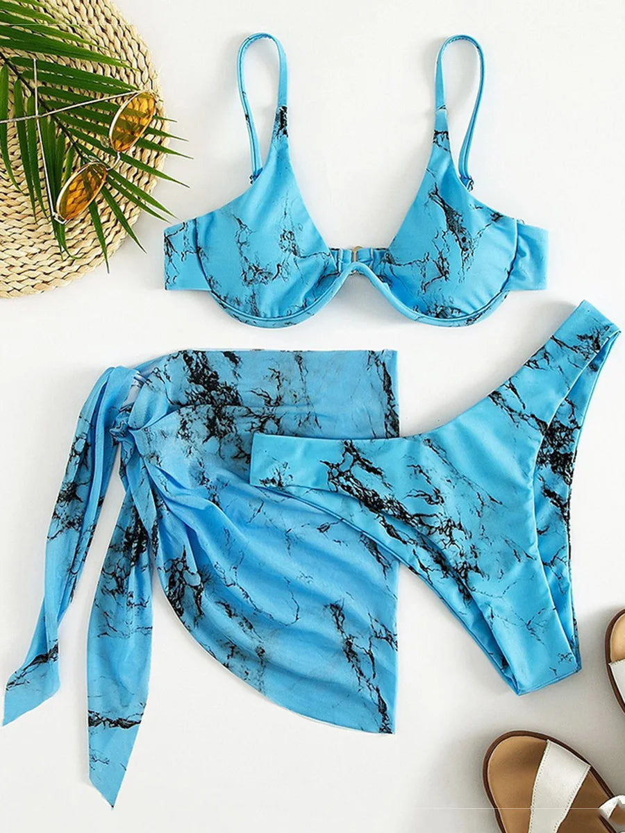Mystic Monsoon Marble Print Bikini Three-piece