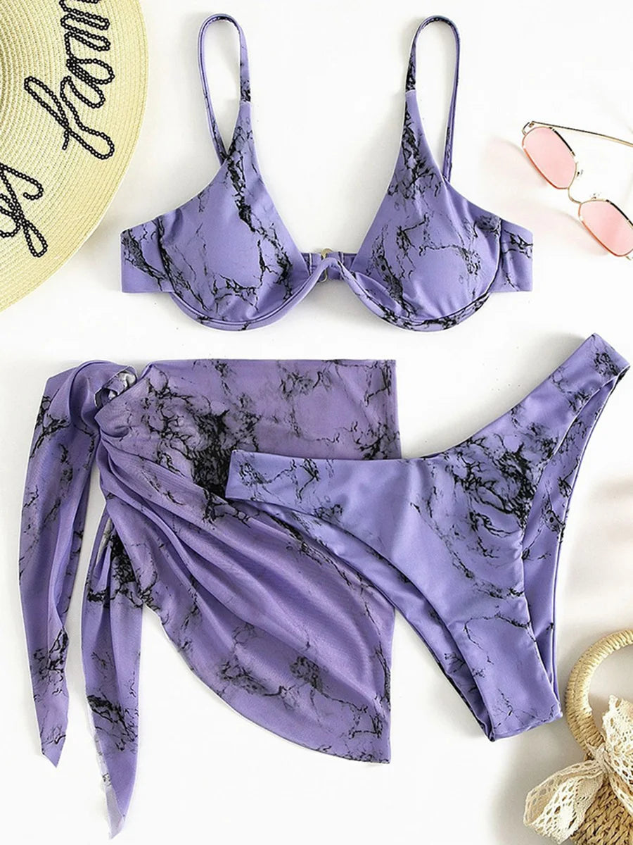 Mystic Monsoon Marble Print Bikini Three-piece