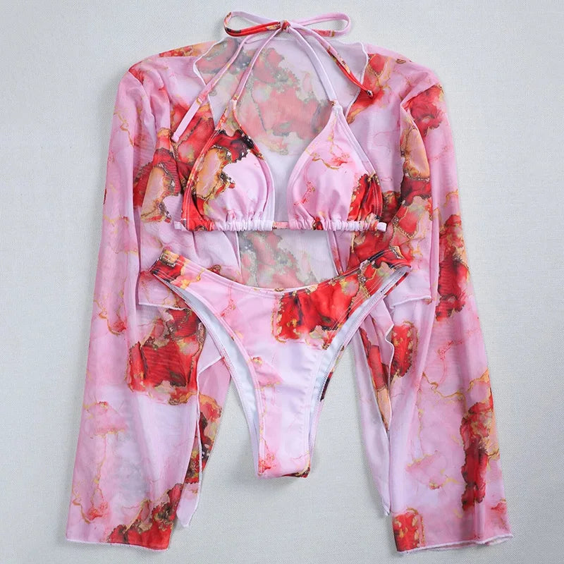 Mystic Monsoon Marble Print Bikini Three-piece