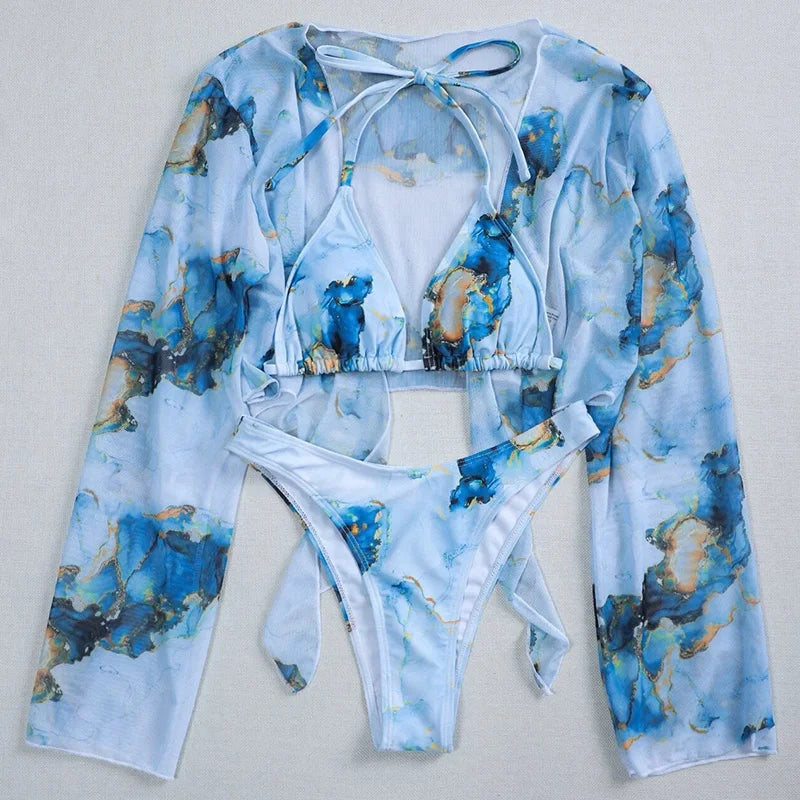 Mystic Monsoon Marble Print Bikini Three-piece