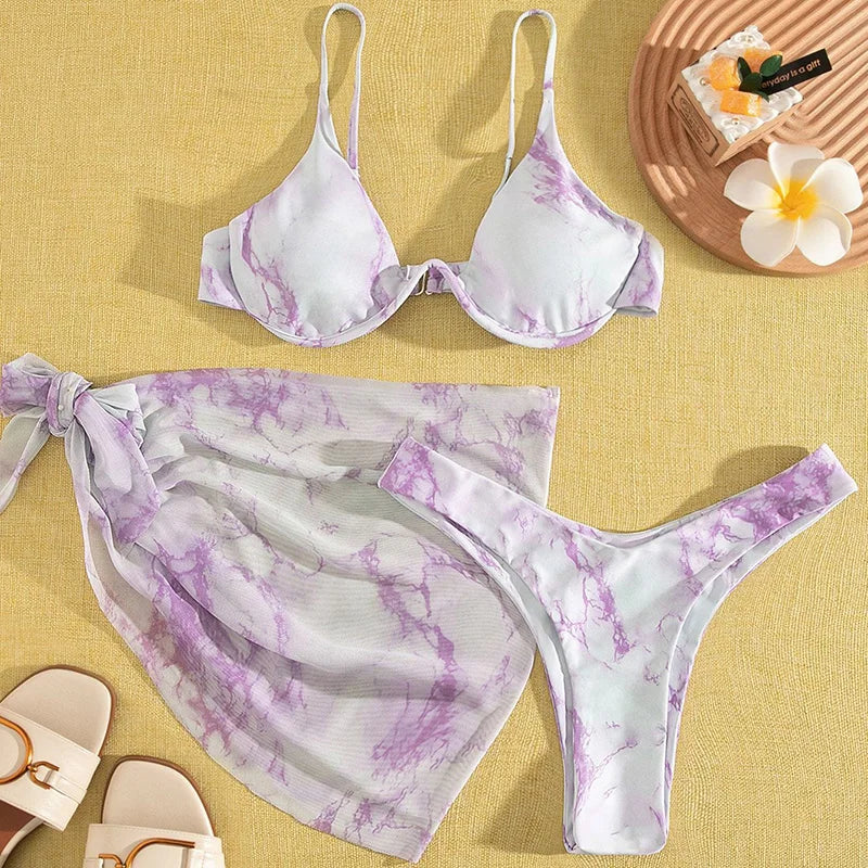 Mystic Monsoon Marble Print Bikini Three-piece