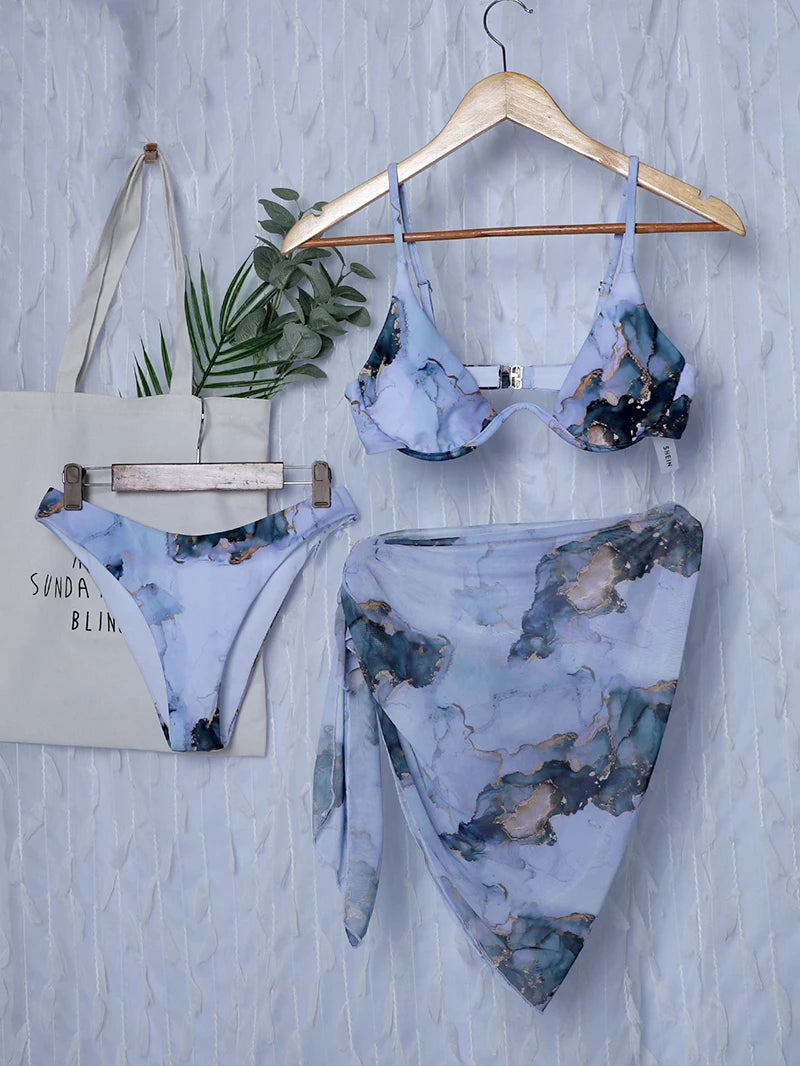 Mystic Monsoon Marble Print Bikini Three-piece