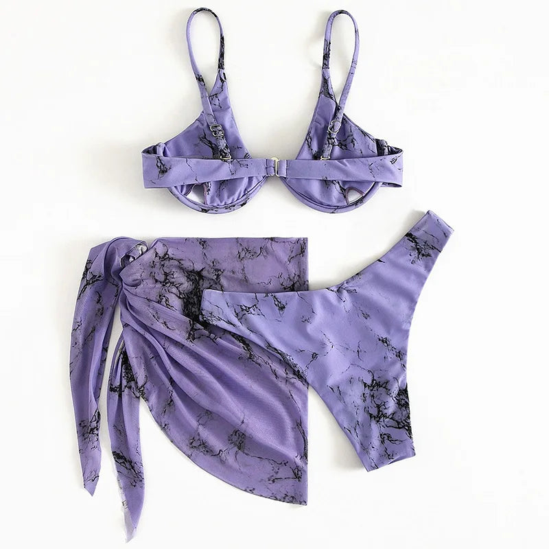 Mystic Monsoon Marble Print Bikini Three-piece