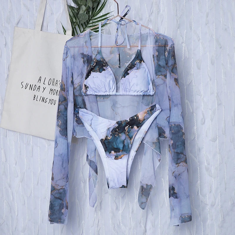 Mystic Monsoon Marble Print Bikini Three-piece
