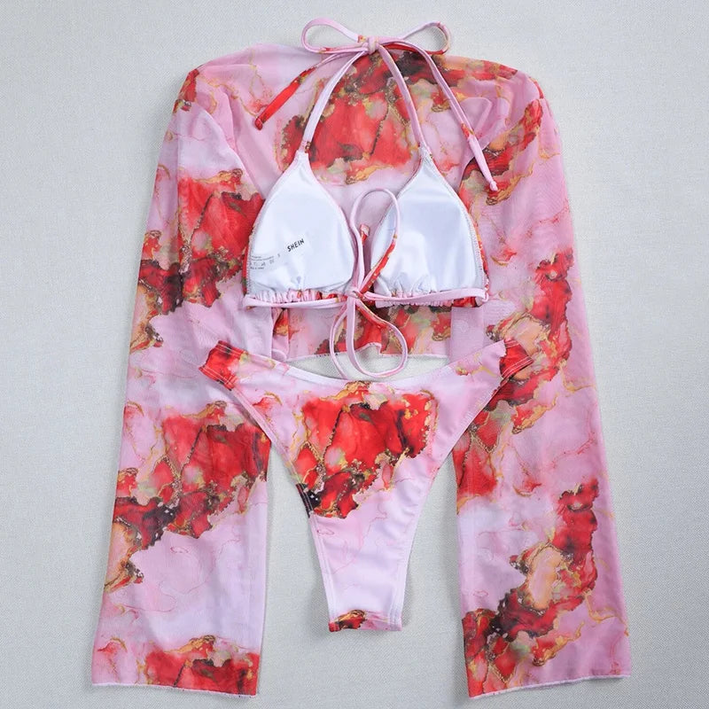 Mystic Monsoon Marble Print Bikini Three-piece