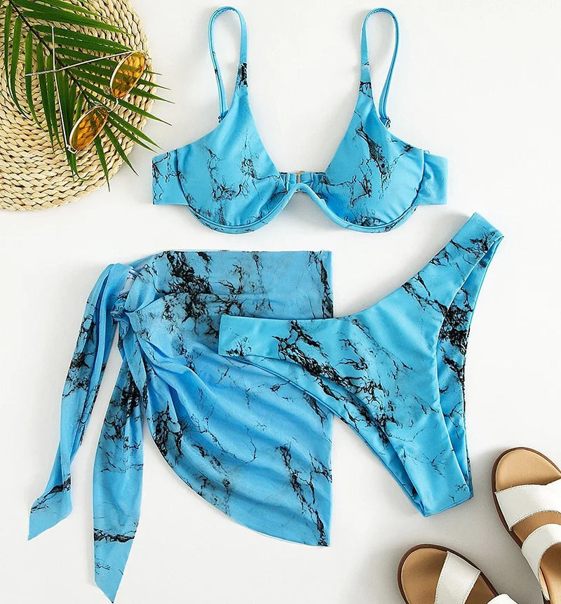 Mystic Monsoon Marble Print Bikini Three-piece