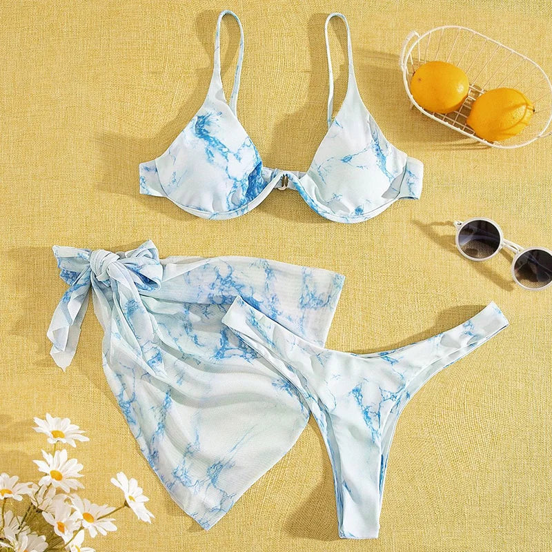 Mystic Monsoon Marble Print Bikini Three-piece