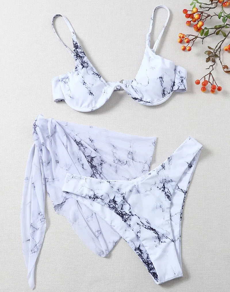 Mystic Monsoon Marble Print Bikini Three-piece