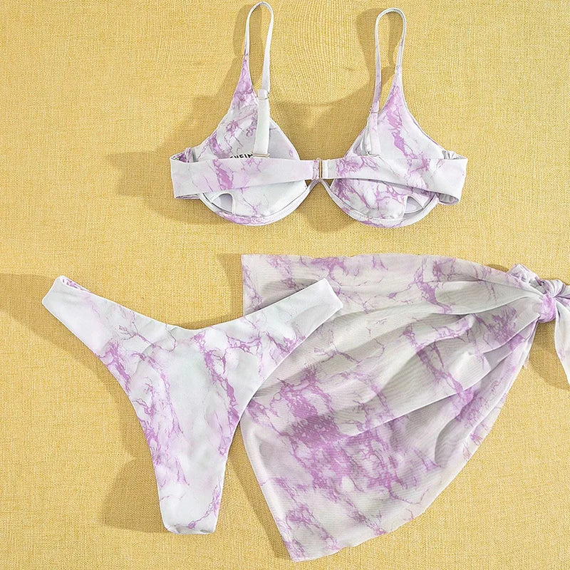Mystic Monsoon Marble Print Bikini Three-piece