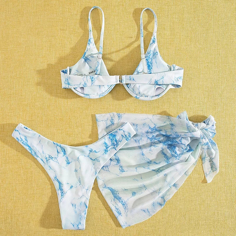 Mystic Monsoon Marble Print Bikini Three-piece