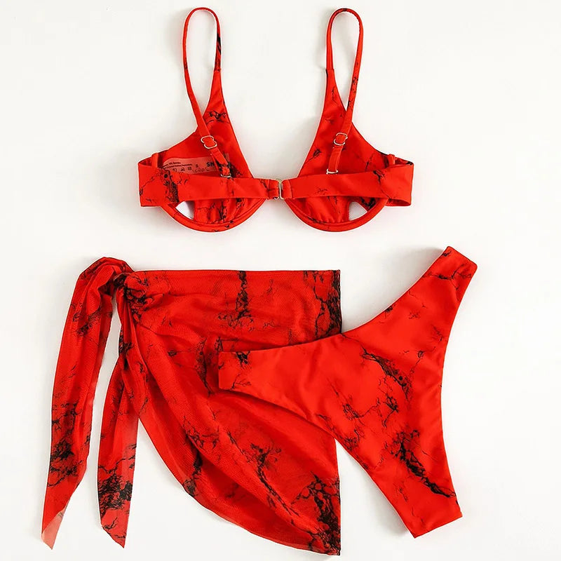 Mystic Monsoon Marble Print Bikini Three-piece