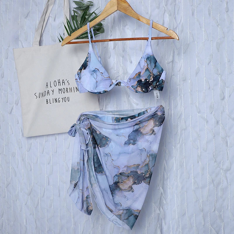 Mystic Monsoon Marble Print Bikini Three-piece