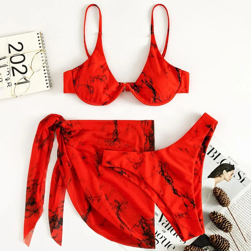 Mystic Monsoon Marble Print Bikini Three-piece