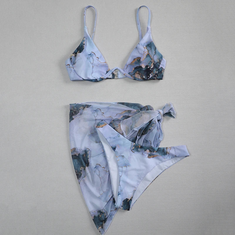 Mystic Monsoon Marble Print Bikini Three-piece
