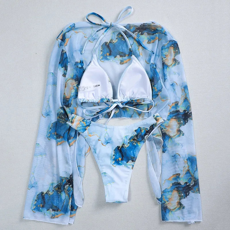 Mystic Monsoon Marble Print Bikini Three-piece