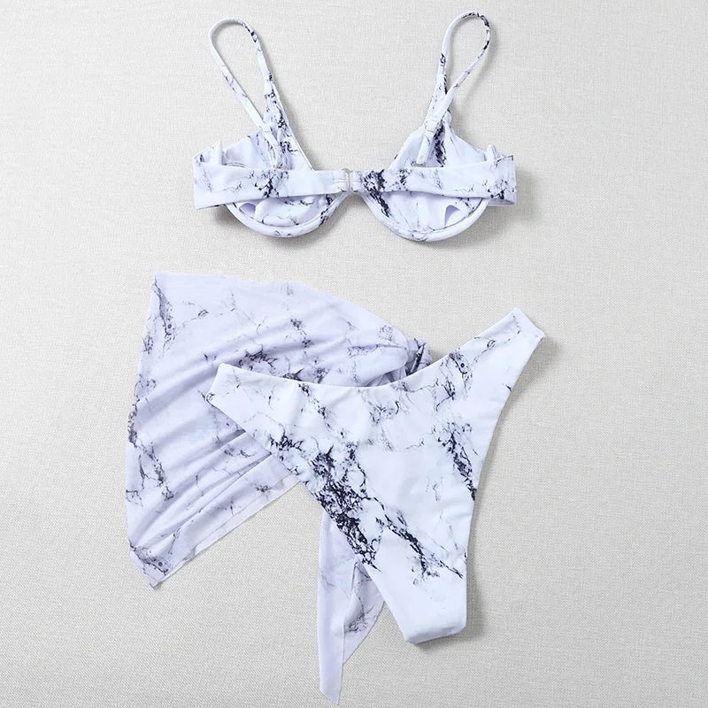 Mystic Monsoon Marble Print Bikini Three-piece