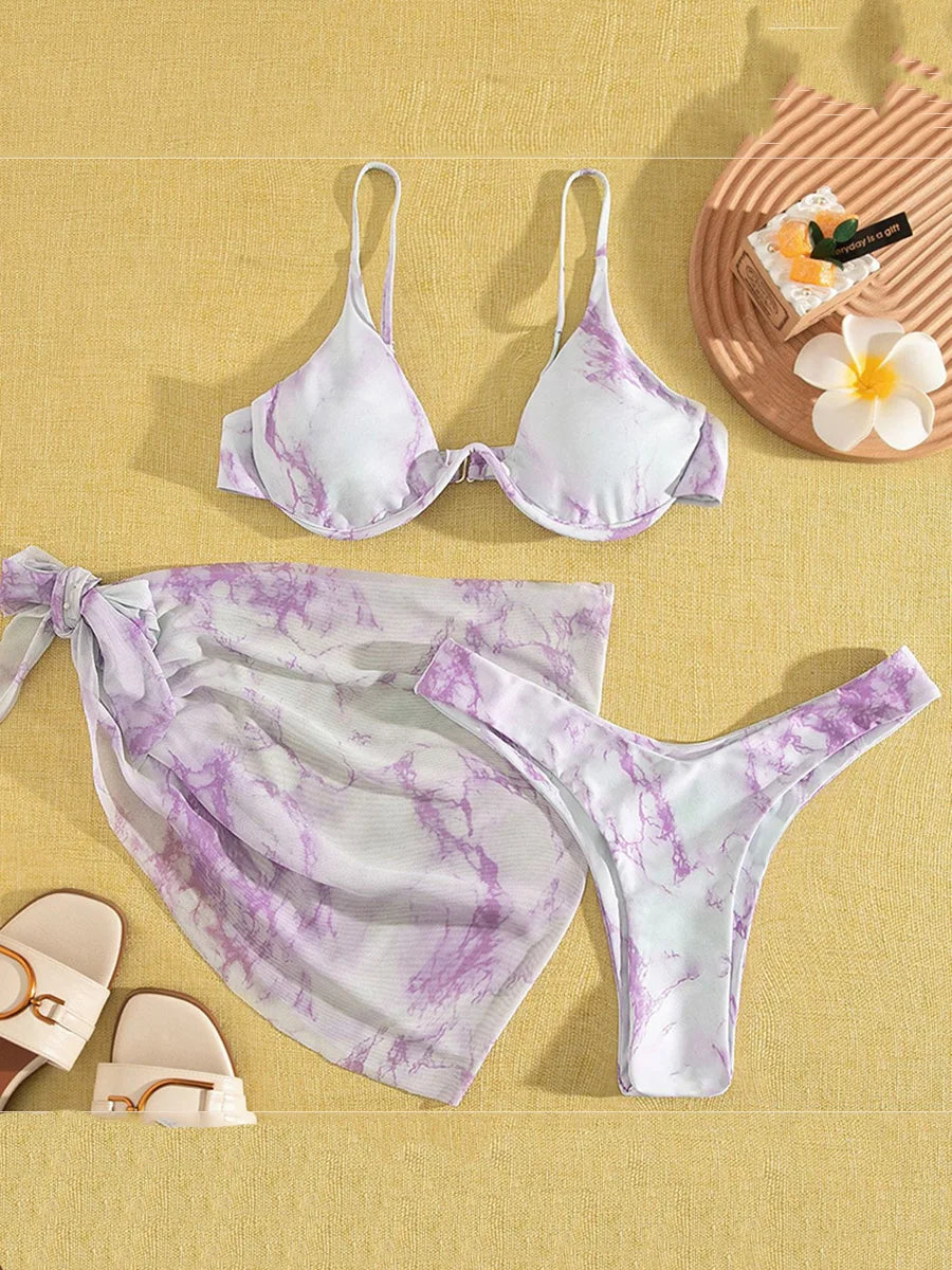 Mystic Monsoon Marble Print Bikini Three-piece