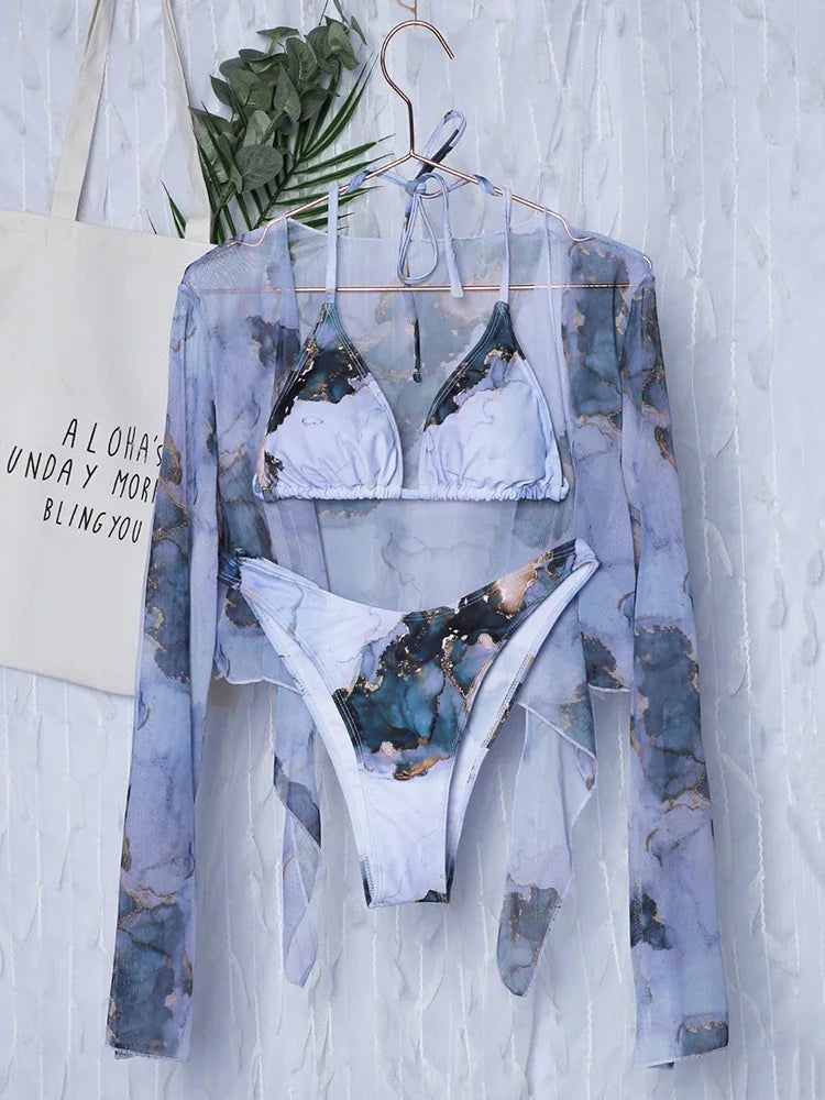 Mystic Monsoon Marble Print Bikini Three-piece