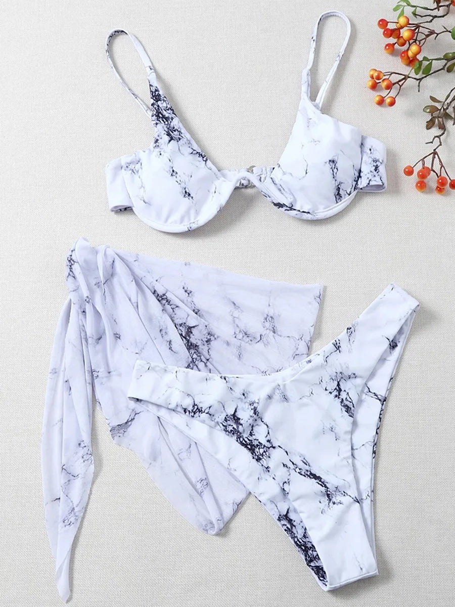 Mystic Monsoon Marble Print Bikini Three-piece