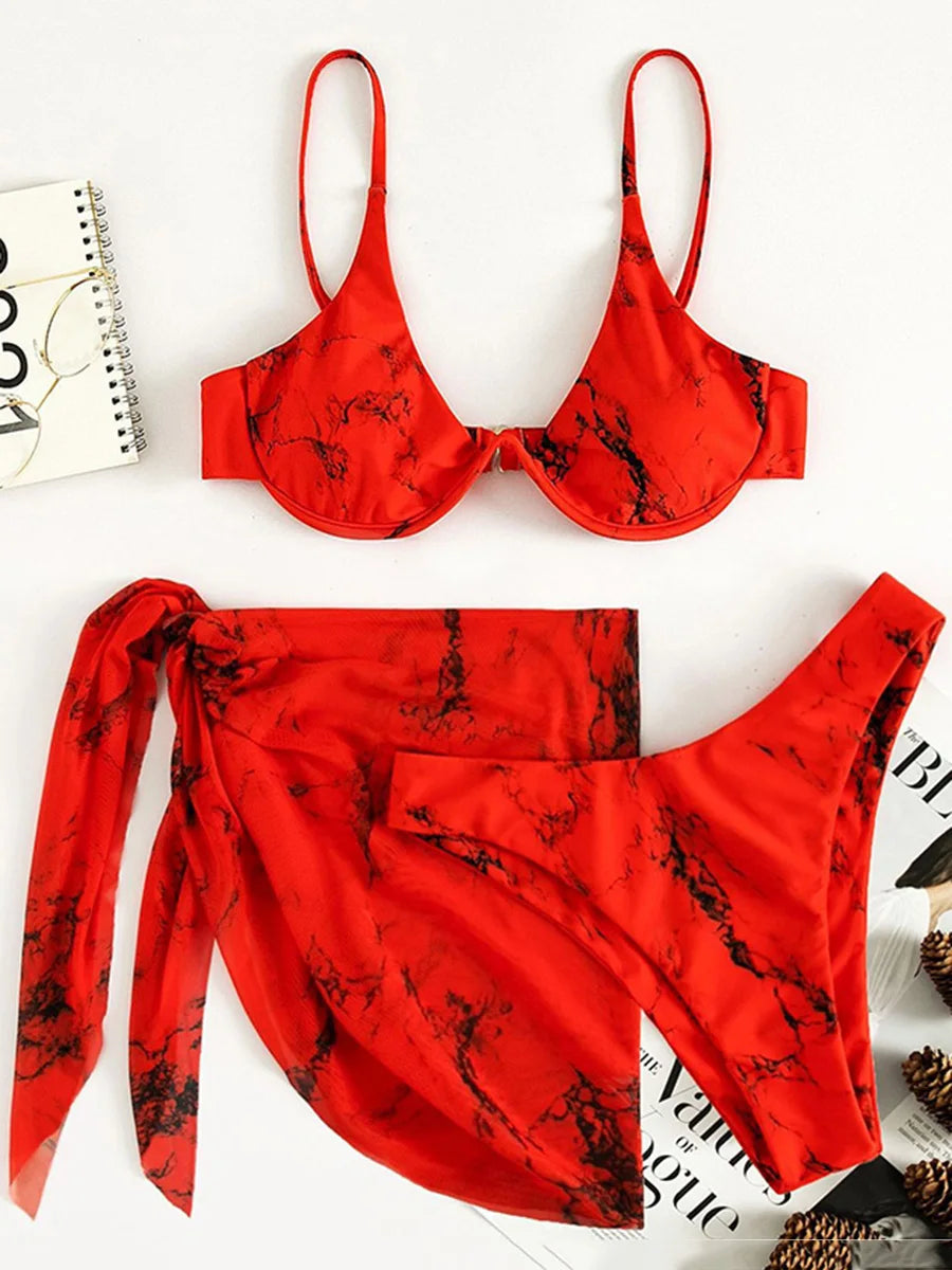 Mystic Monsoon Marble Print Bikini Three-piece