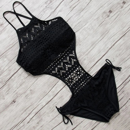 Coral Crochet One Piece Backless Bathing