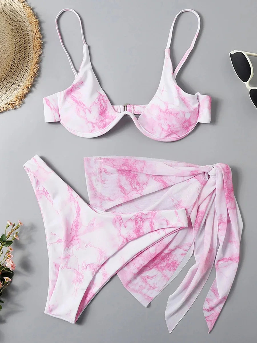 Mystic Monsoon Marble Print Bikini Three-piece