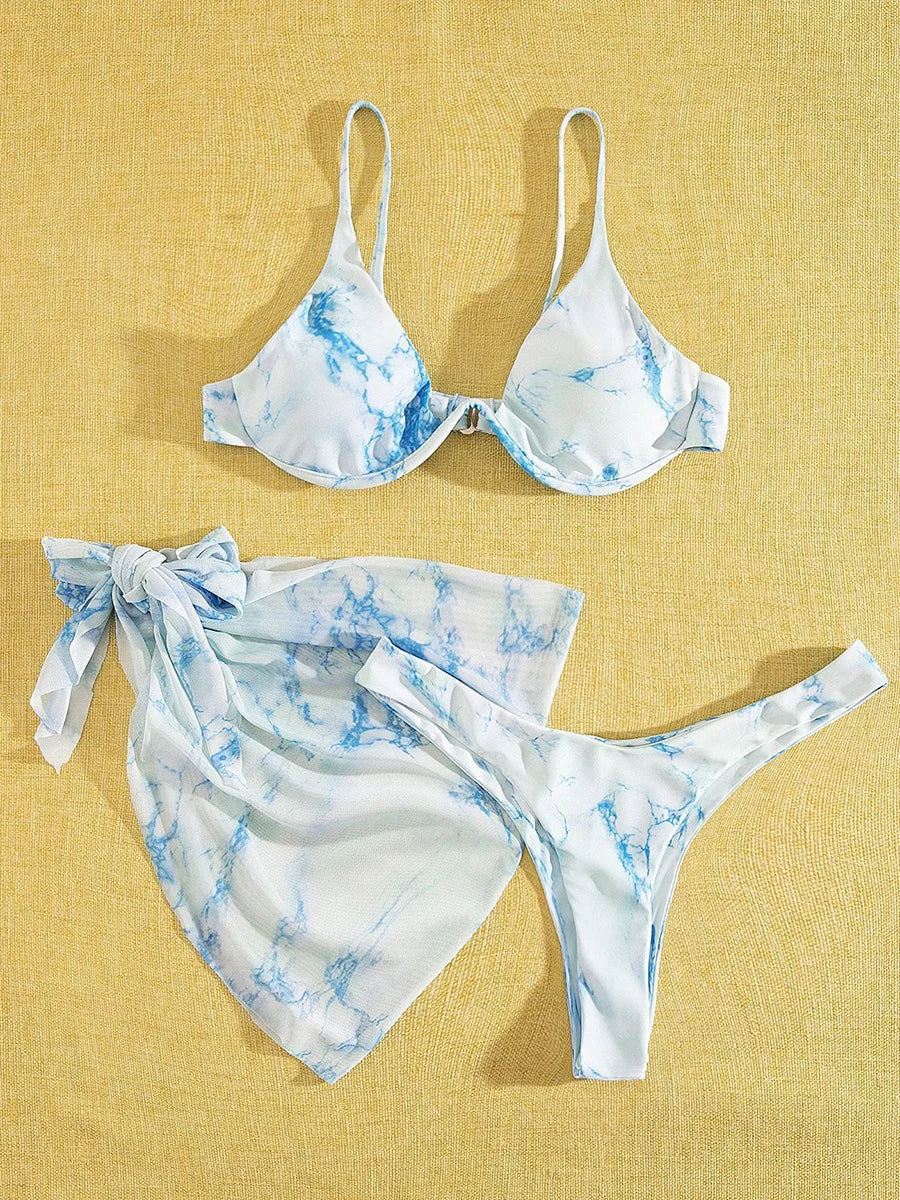 Mystic Monsoon Marble Print Bikini Three-piece