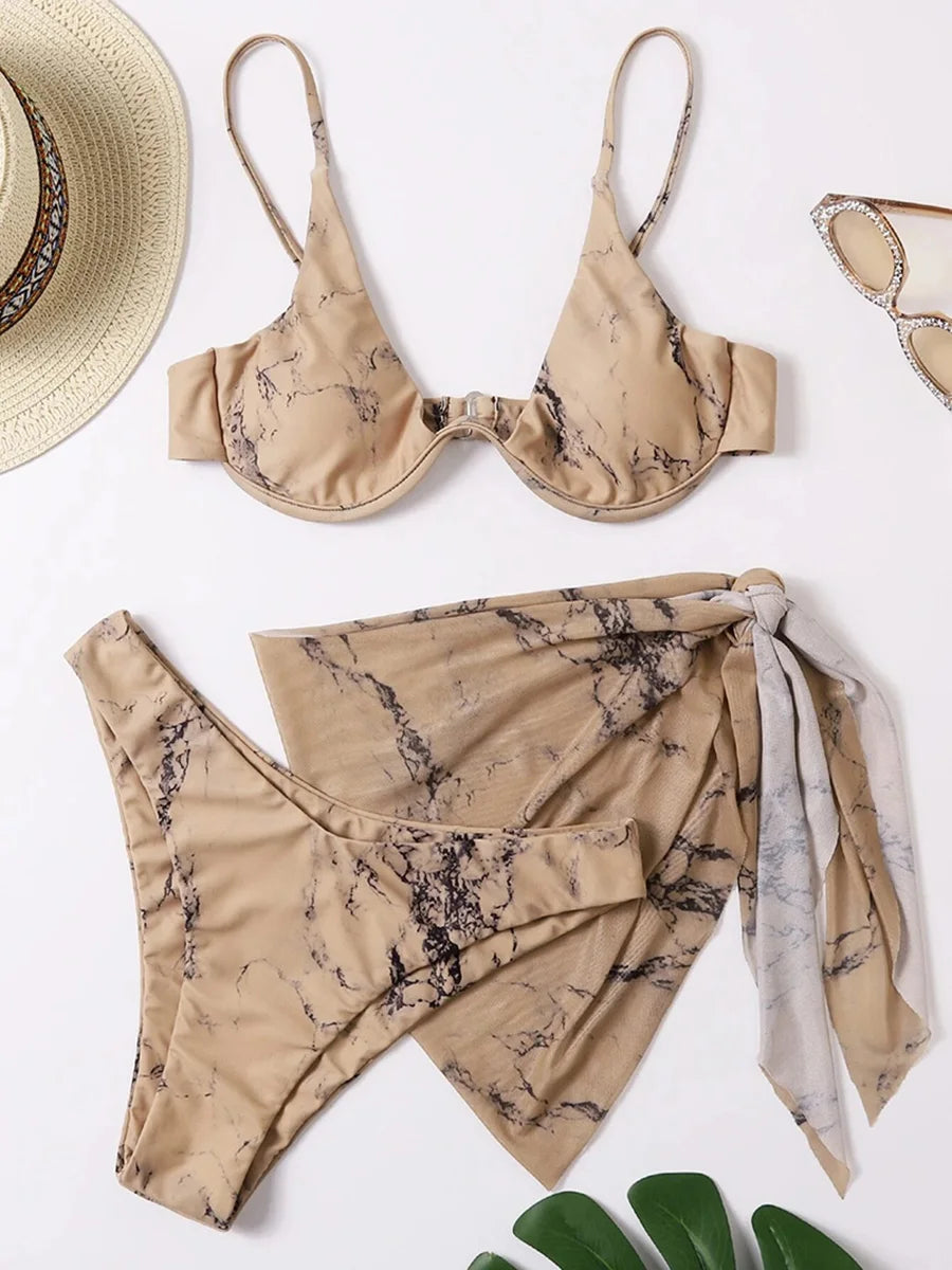 Mystic Monsoon Marble Print Bikini Three-piece