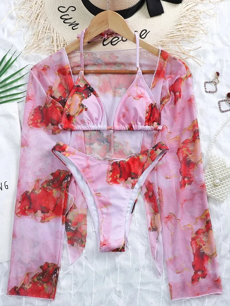 Mystic Monsoon Marble Print Bikini Three-piece